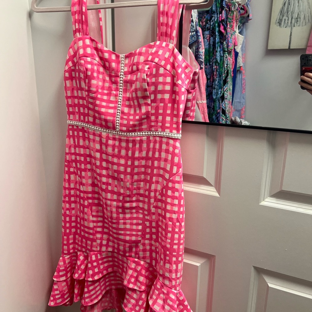 Lilly Pulitzer avalyn stretch  brand new  Pink Checkered Dress with Ruffle Hem